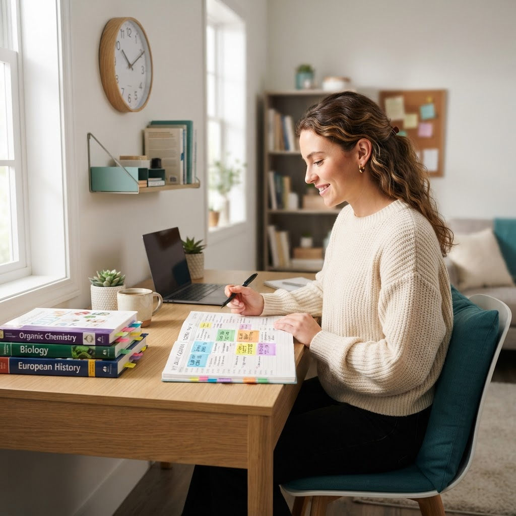 Student reviewing a color-coded daily study schedule planner with clock on wall