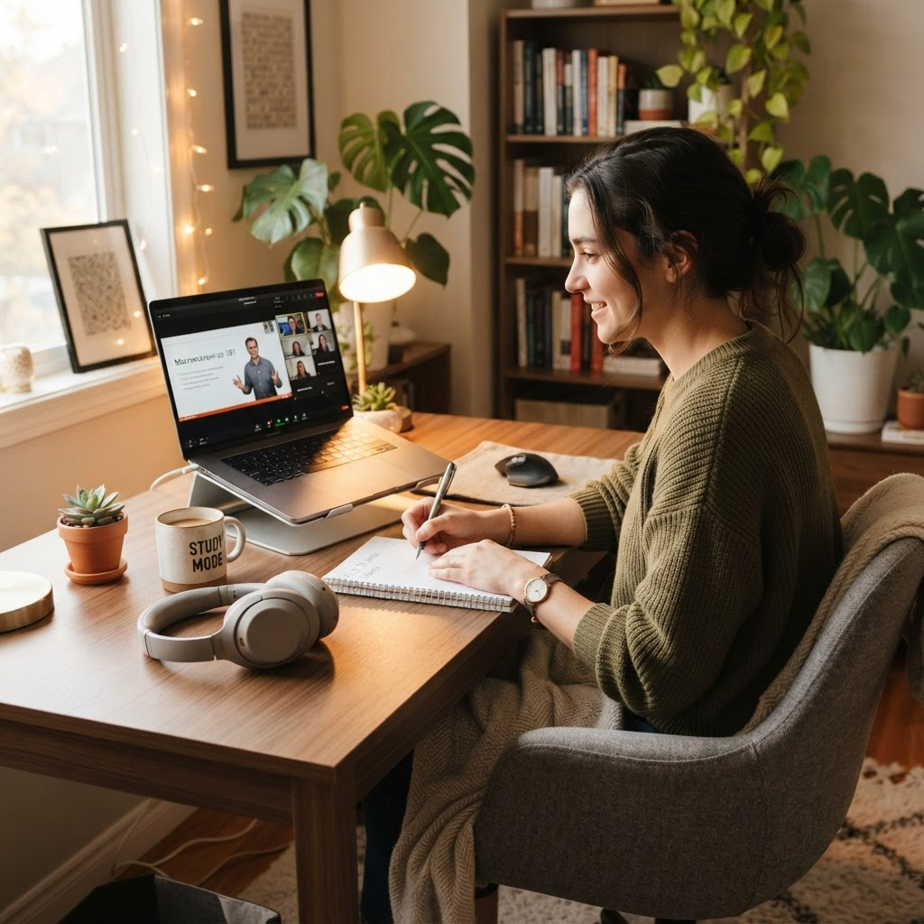 Student focused on online learning at home with laptop and headphones