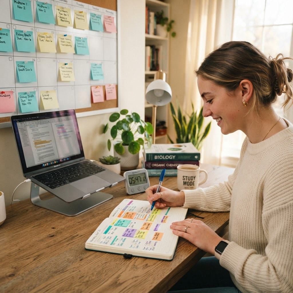 Student organizing a weekly planner with color-coded time blocks on a clean desk